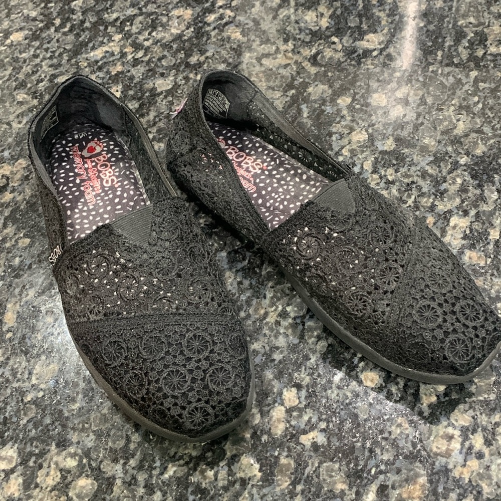 BOBS from Skechers Black Crochet Slip-Ons with Floral Detailing